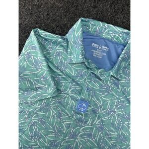 Pins & Aces Men's Medium Golf Polo Green Blue Leaf Print Performance Shirt